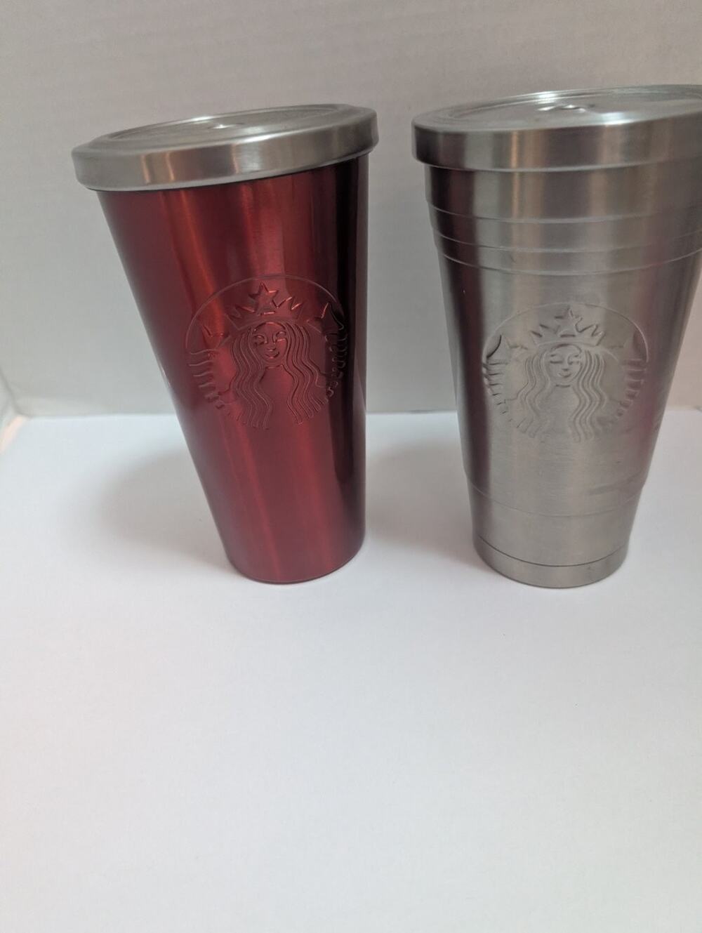 Starbucks 16oz Stainless Steel Tumbler Set Red Silver Cold Cup Travel Mug Lot 2